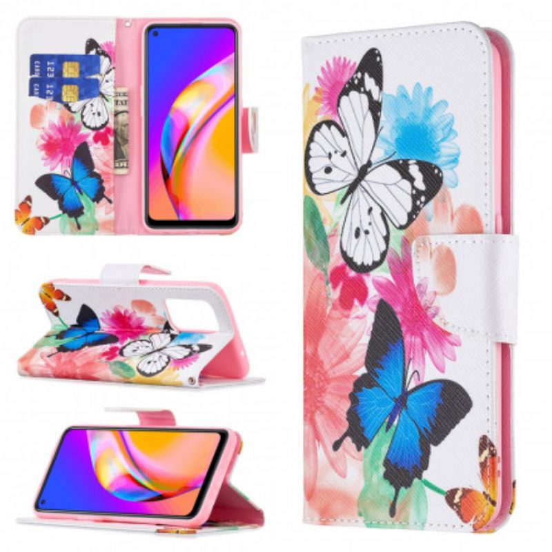 Flip Case Für Oppo A94 5G Bemalte Schmetterlinge Und Blumen