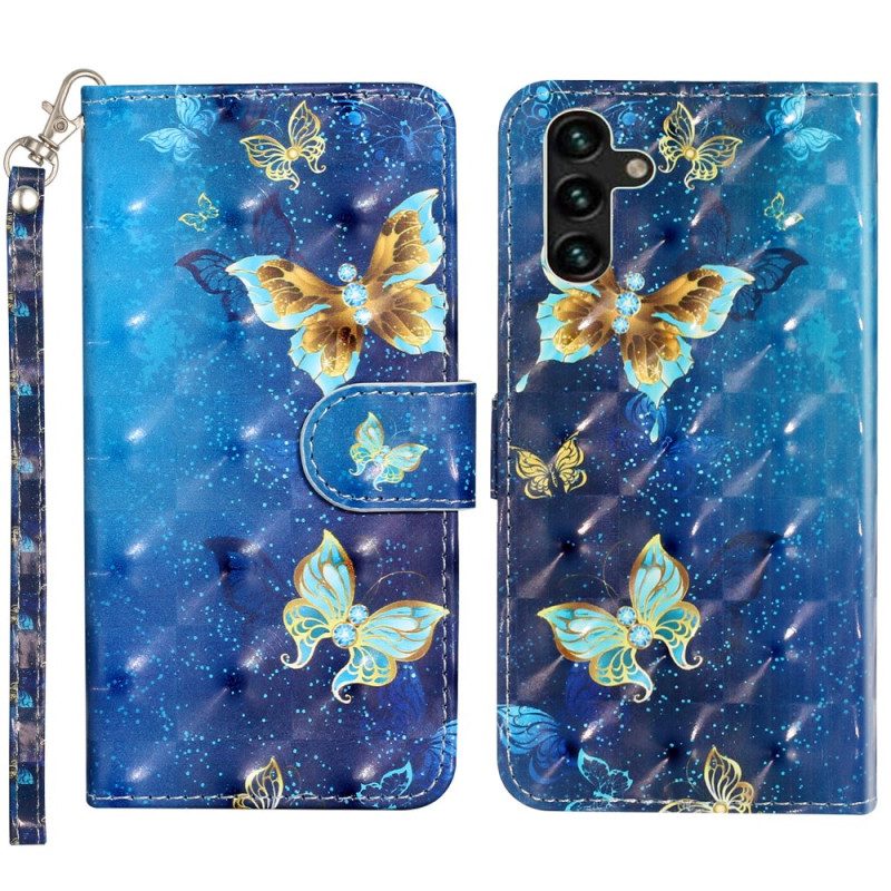 Lederhüllen Für Samsung Galaxy S24 Fe Blaue Und Goldene Schmetterlinge Mit Riemen