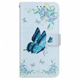 Lederhüllen Für Samsung Galaxy S24 Fe Blauer Schmetterling Und Blumen Mit Riemen