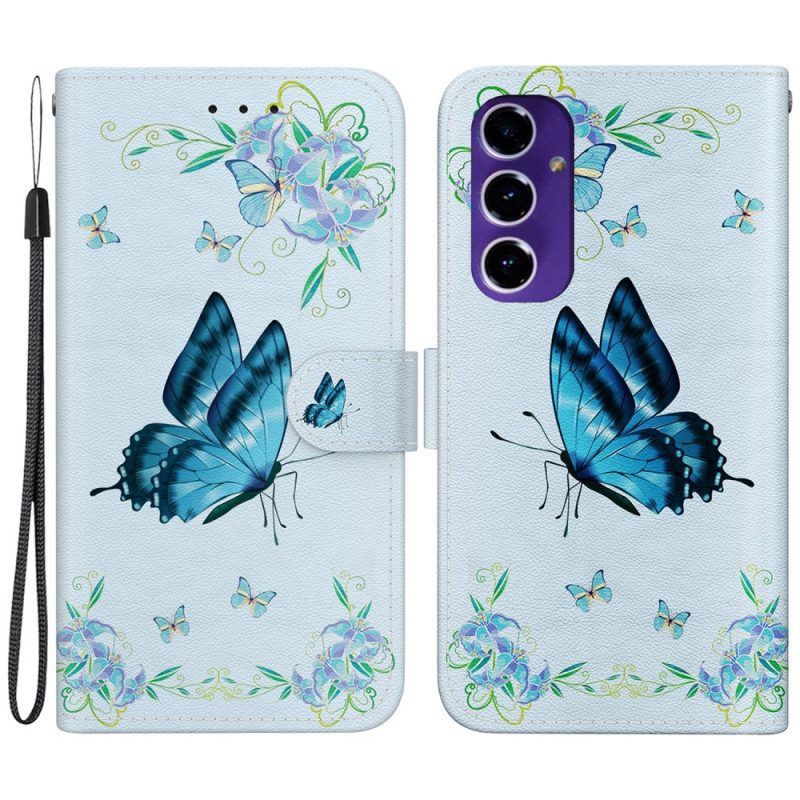 Lederhüllen Für Samsung Galaxy S24 Fe Blauer Schmetterling Und Blumen Mit Riemen