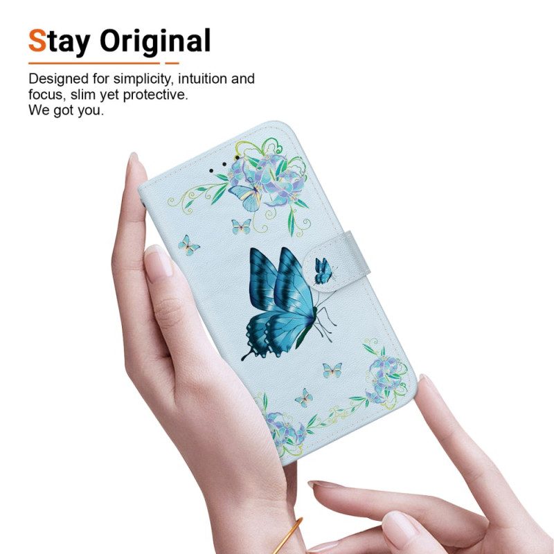 Lederhüllen Für Samsung Galaxy S24 Fe Blauer Schmetterling Und Blumen Mit Riemen