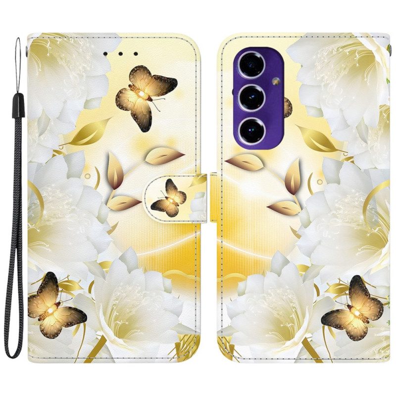 Lederhüllen Samsung Galaxy S24 Fe Handyhülle Goldene Schmetterlinge Und Weiße Blumen