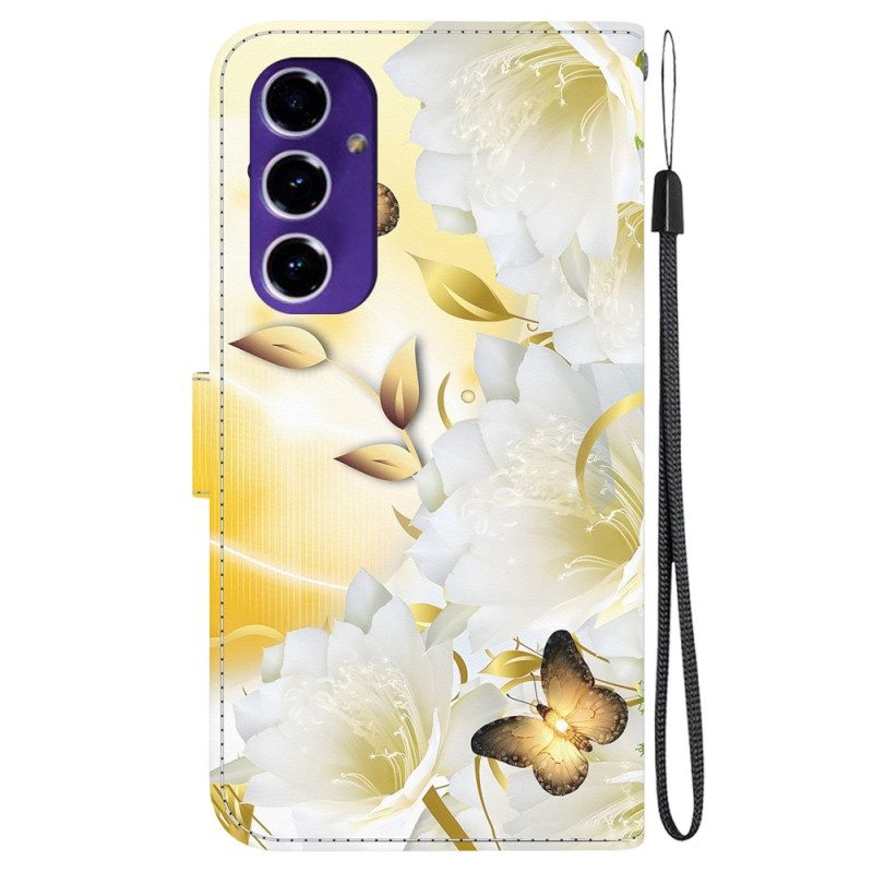 Lederhüllen Samsung Galaxy S24 Fe Handyhülle Goldene Schmetterlinge Und Weiße Blumen