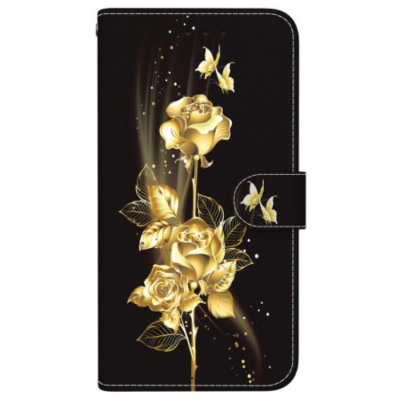 Lederhüllen Samsung Galaxy S24 Fe Handyhülle Goldene Und Rosa Schmetterlinge Mit Riemen