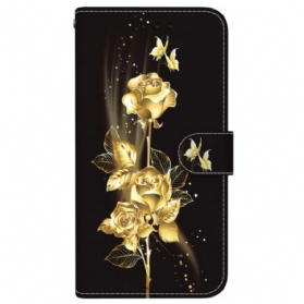 Lederhüllen Samsung Galaxy S24 Fe Handyhülle Goldene Und Rosa Schmetterlinge Mit Riemen