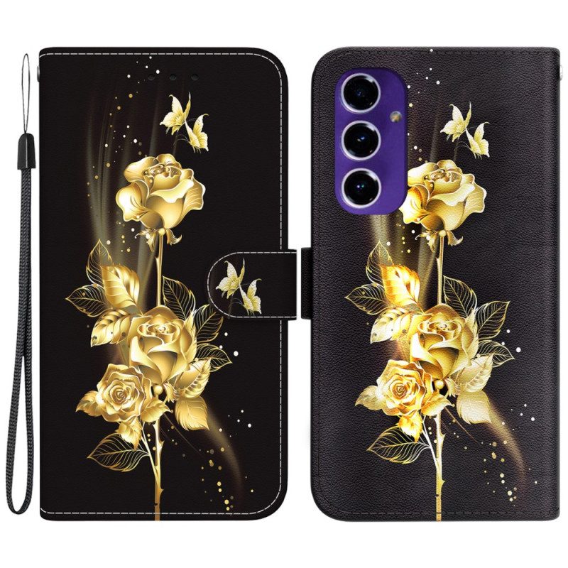 Lederhüllen Samsung Galaxy S24 Fe Handyhülle Goldene Und Rosa Schmetterlinge Mit Riemen