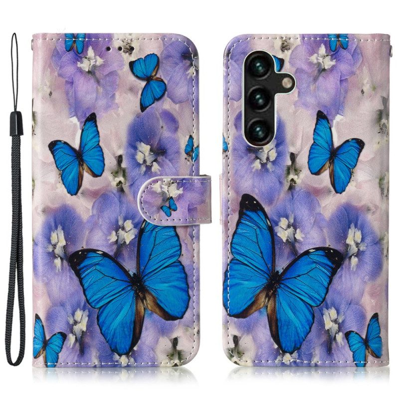 Lederhüllen Samsung Galaxy S24 Fe Handyhülle Lila Blumen Und Blaue Schmetterlinge