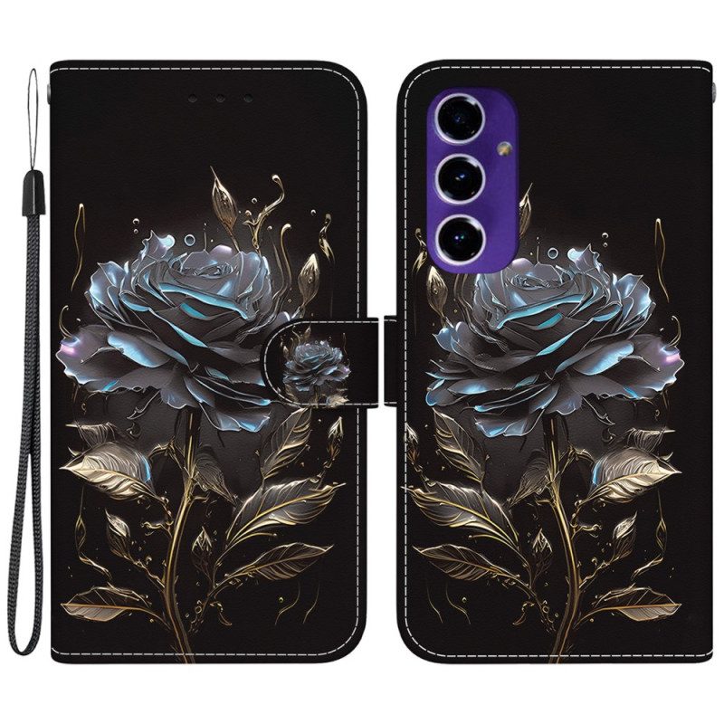 Lederhüllen Samsung Galaxy S24 Fe Handyhülle Schwarze Rose Mit Riemen