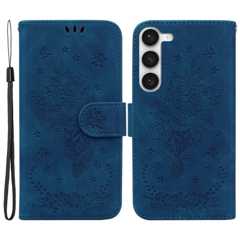 Flip Case Für Samsung Galaxy S23 Plus 5G Mit Kordel Riemchenrosen Und Schmetterlinge