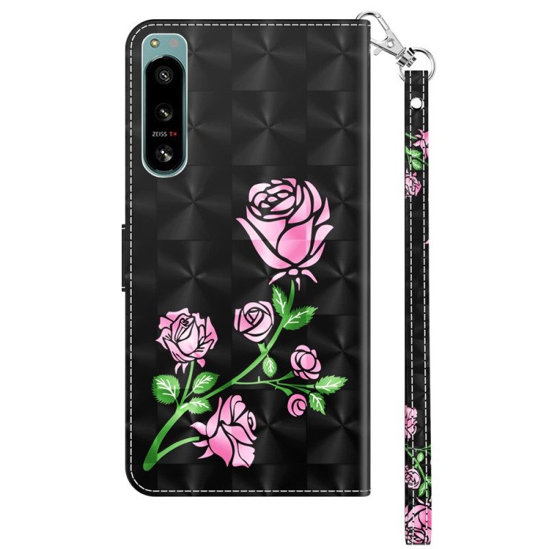 Flip Case Für Sony Xperia 5 IV Mit Kordel Riemenrosen