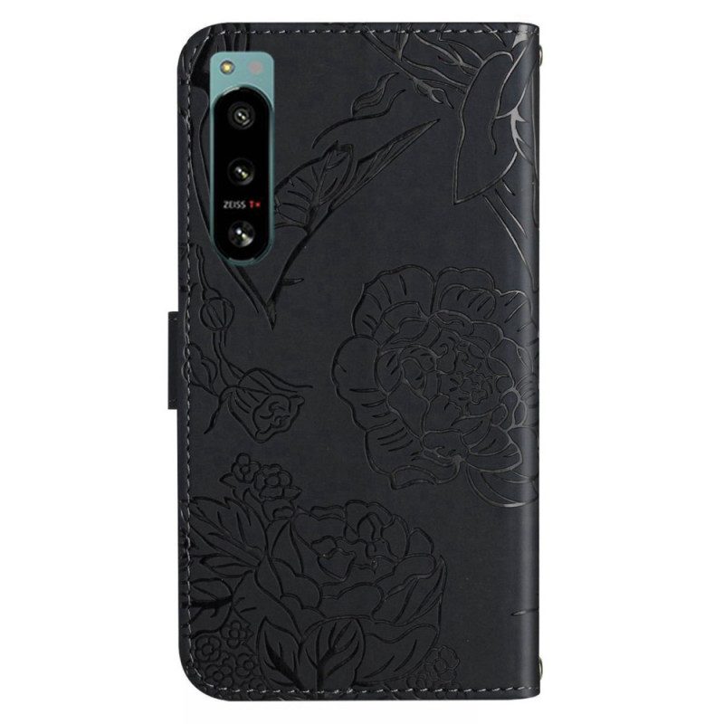 Flip Case Für Sony Xperia 5 IV Schmetterlinge Mit Schlüsselband