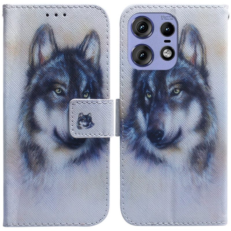 Lederhüllen Für Motorola Edge 50 Pro Wolf-aquarell