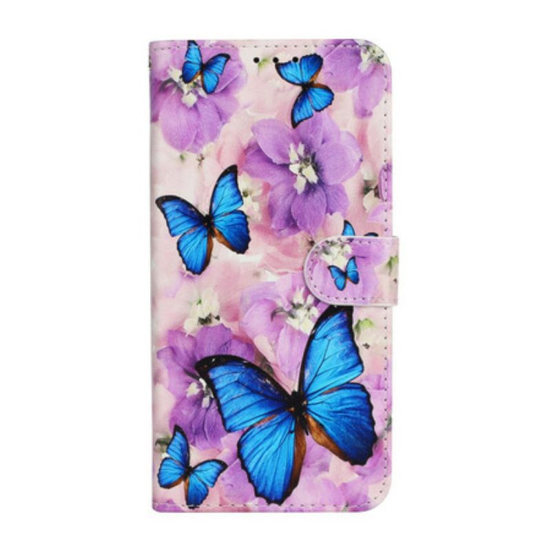 Flip Case Für iPhone 13 Mini Blaue Schmetterlinge In Blumen