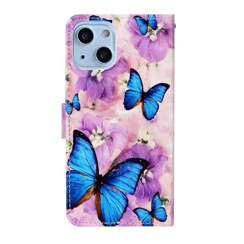 Flip Case Für iPhone 13 Mini Blaue Schmetterlinge In Blumen