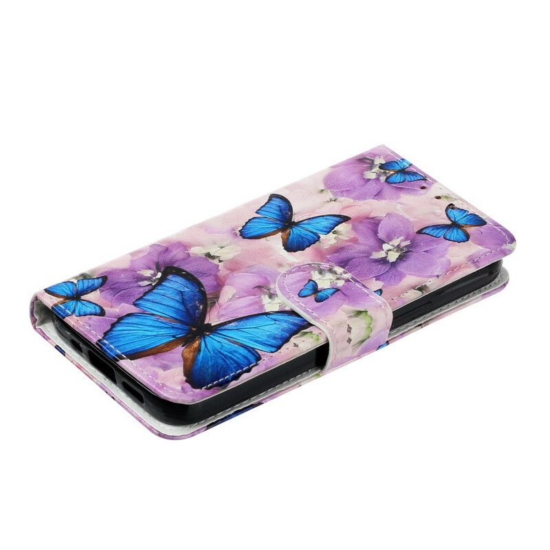 Flip Case Für iPhone 13 Mini Blaue Schmetterlinge In Blumen