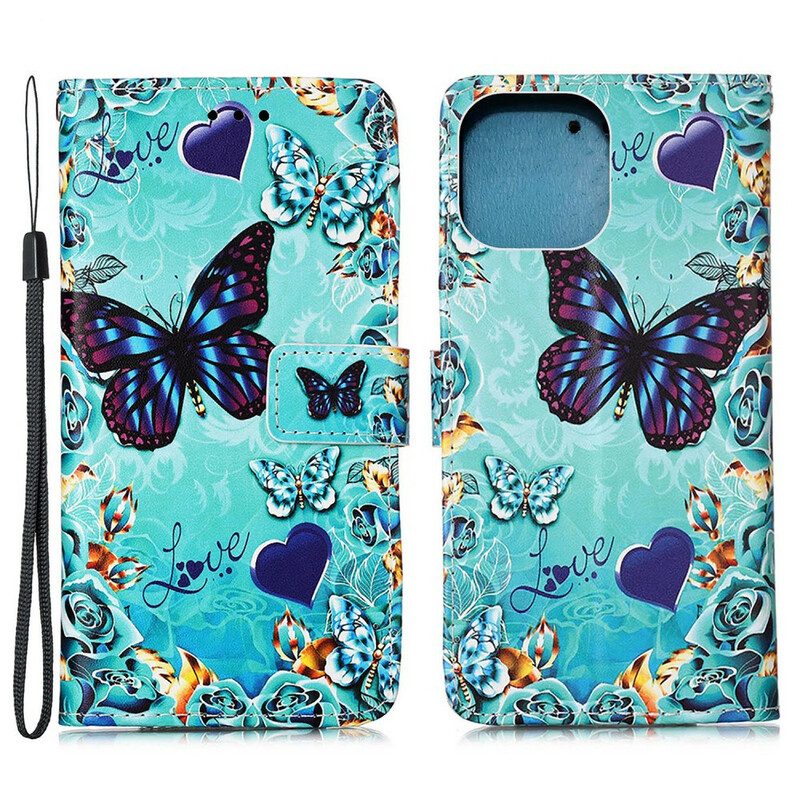 Flip Case Für iPhone 13 Mini Mit Kordel Love Butterflys Riemchen