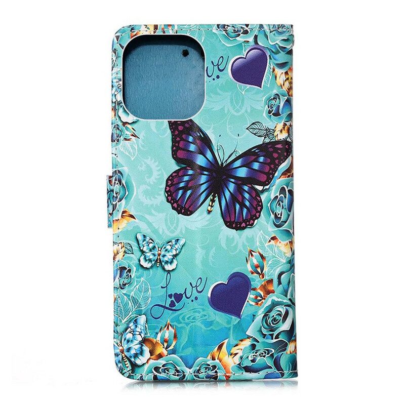 Flip Case Für iPhone 13 Mini Mit Kordel Love Butterflys Riemchen