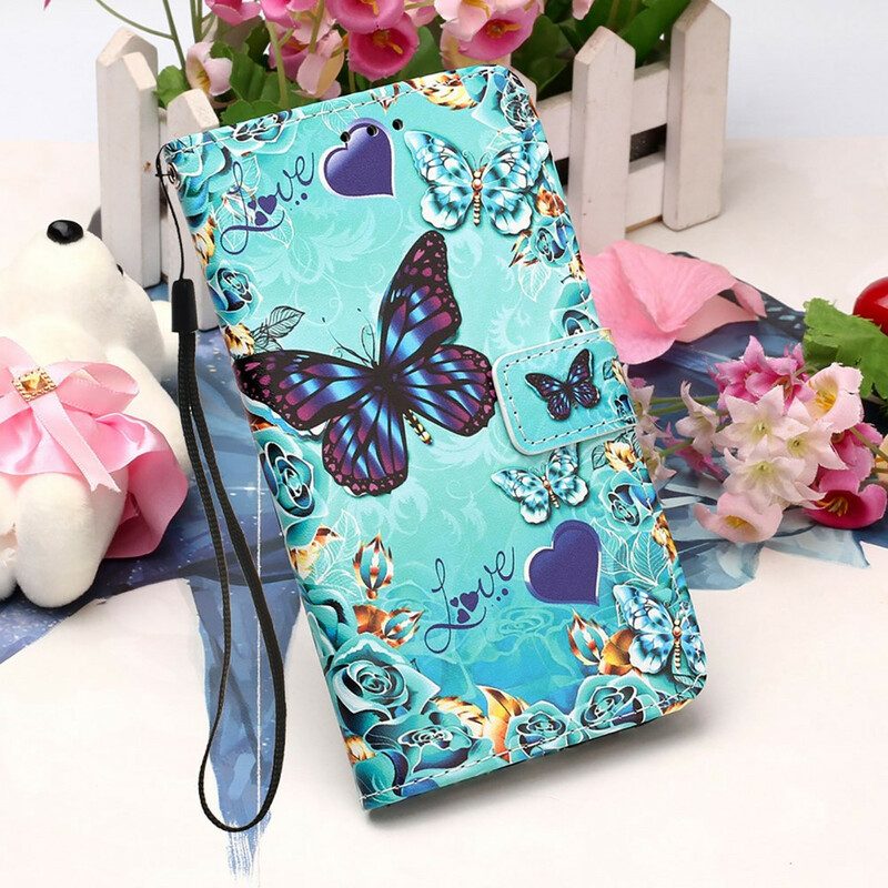 Flip Case Für iPhone 13 Mini Mit Kordel Love Butterflys Riemchen