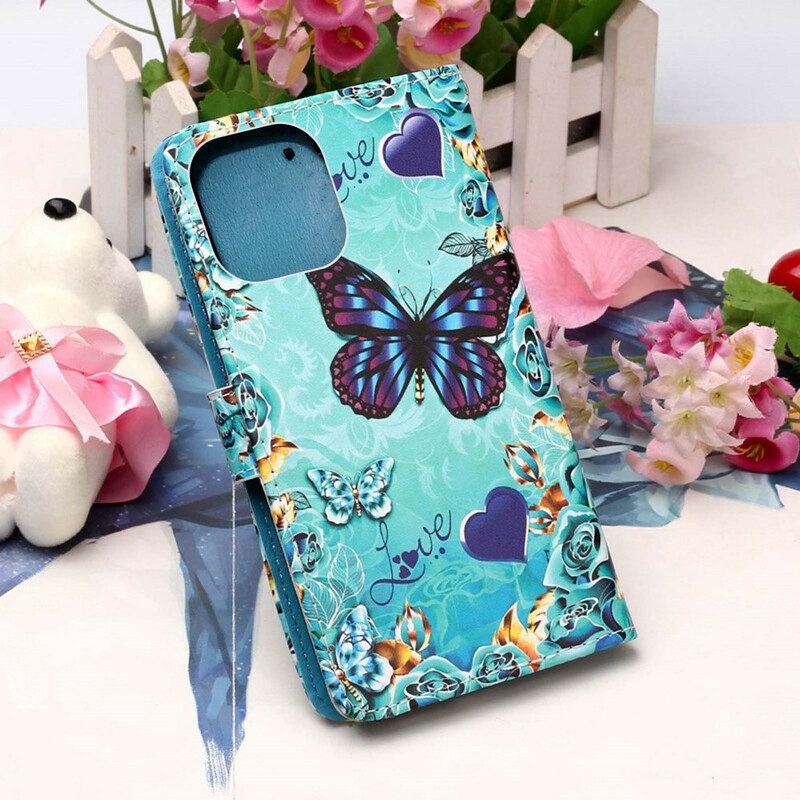 Flip Case Für iPhone 13 Mini Mit Kordel Love Butterflys Riemchen