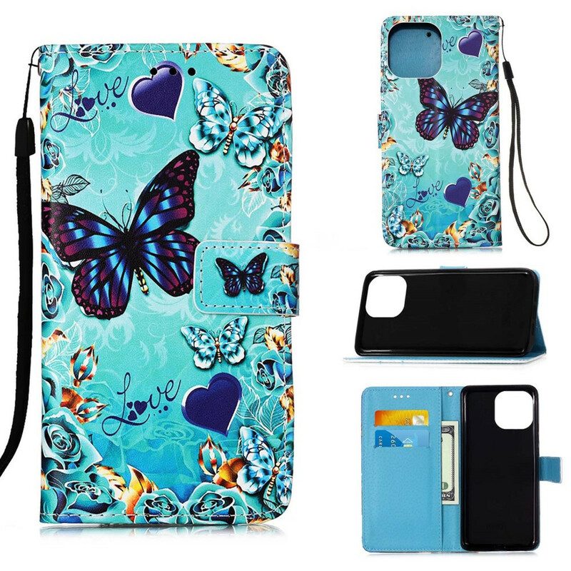 Flip Case Für iPhone 13 Mini Mit Kordel Love Butterflys Riemchen