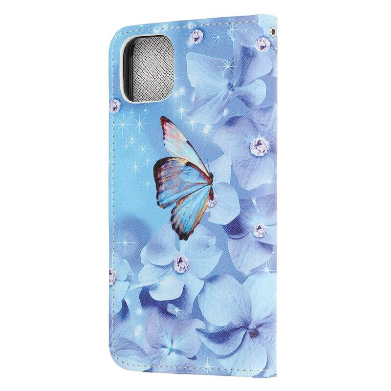 Flip Case Für iPhone 13 Mini Mit Kordel Riemchen-diamant-schmetterlinge