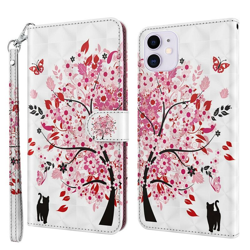 Flip Case Für iPhone 13 Mini Rosa Baum Und Schwarze Katze