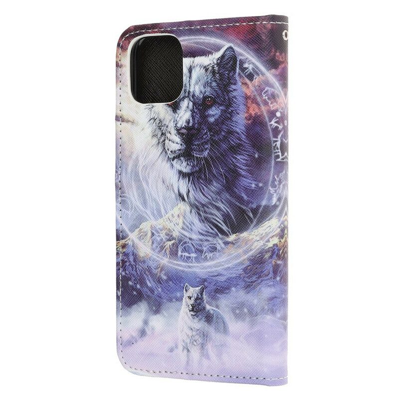 Lederhüllen Für iPhone 13 Mini Wolf Im Winter Mit Schlüsselband