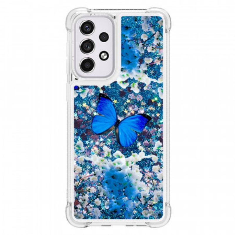 Handyhülle Für Samsung Galaxy A33 5G Glitzernde Blaue Schmetterlinge