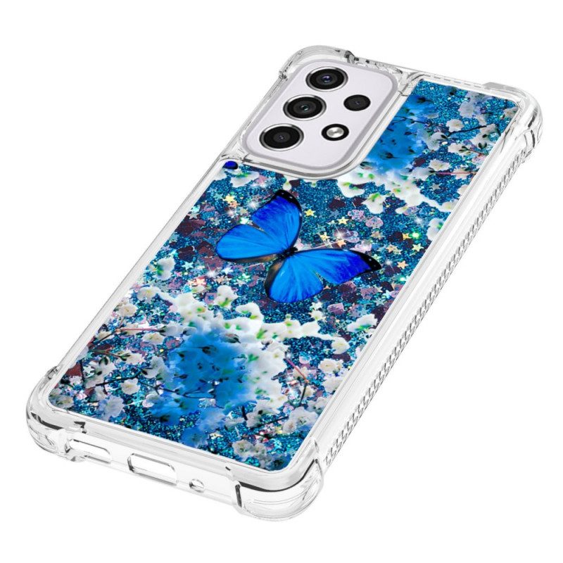 Handyhülle Für Samsung Galaxy A33 5G Glitzernde Blaue Schmetterlinge