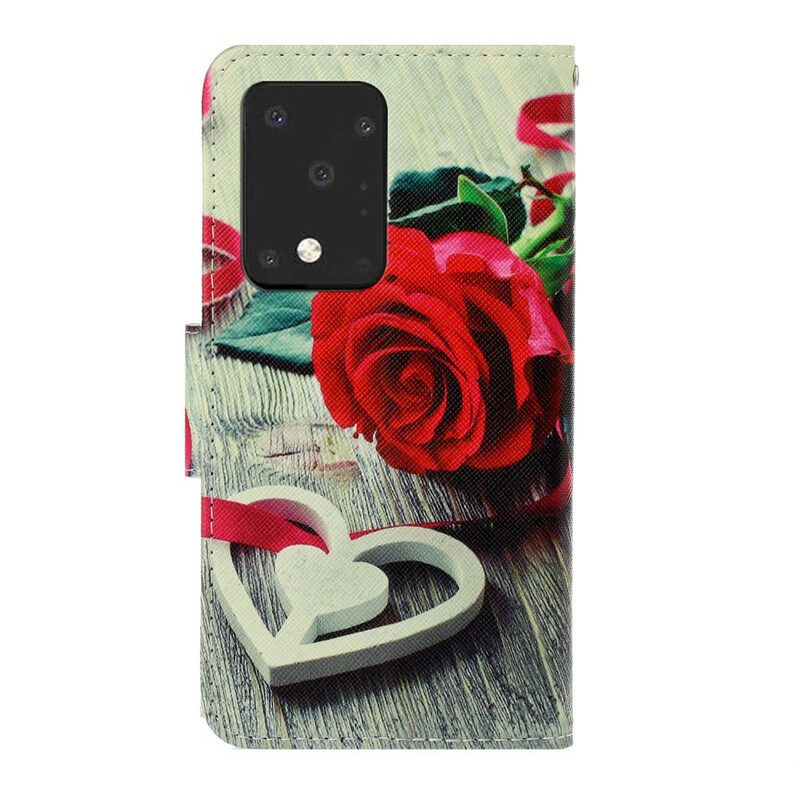 Lederhüllen Für Samsung Galaxy S20 Ultra Mit Kordel Romantische Rose Mit Riemen