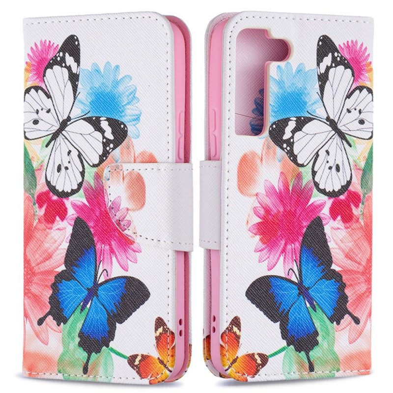 Flip Case Für Samsung Galaxy S22 5G Bemalte Schmetterlinge Und Blumen