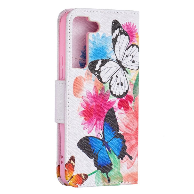 Flip Case Für Samsung Galaxy S22 5G Bemalte Schmetterlinge Und Blumen