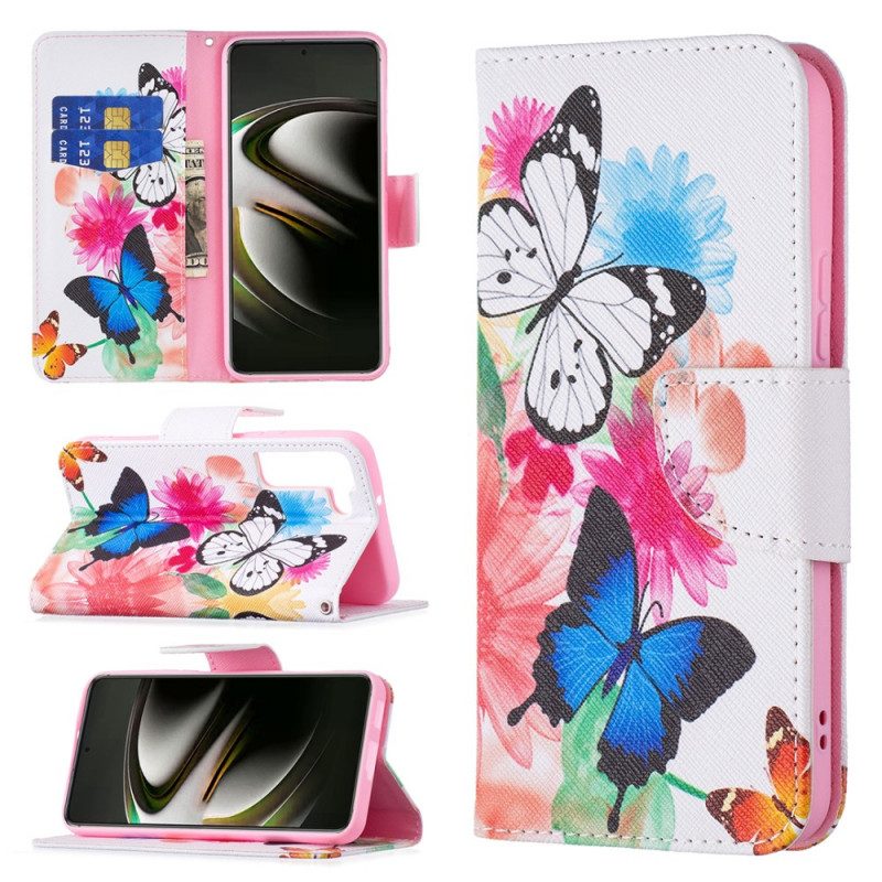 Flip Case Für Samsung Galaxy S22 5G Bemalte Schmetterlinge Und Blumen