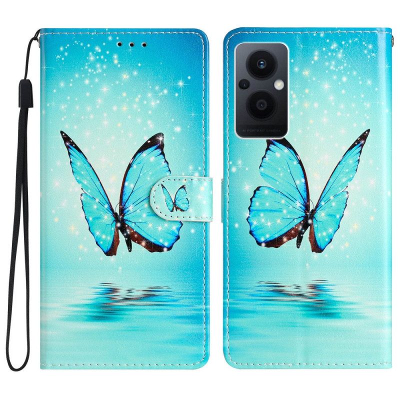 Flip Case Für Oppo Reno 8 Lite Mit Kordel Blaue Schmetterlinge Mit Riemen