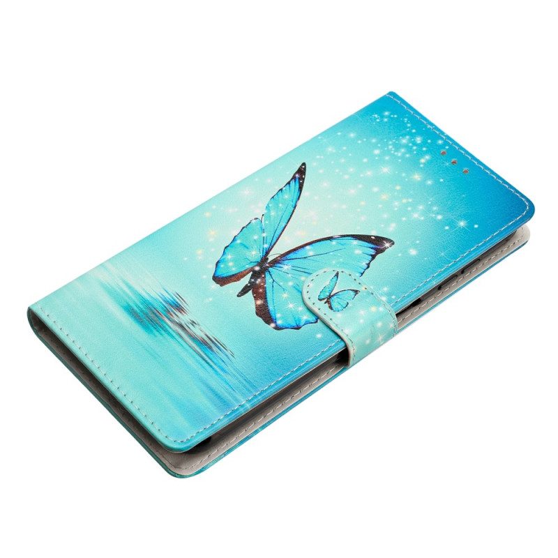 Flip Case Für Oppo Reno 8 Lite Mit Kordel Blaue Schmetterlinge Mit Riemen