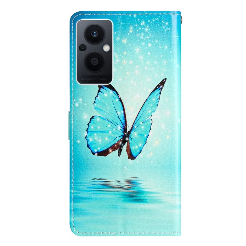 Flip Case Für Oppo Reno 8 Lite Mit Kordel Blaue Schmetterlinge Mit Riemen