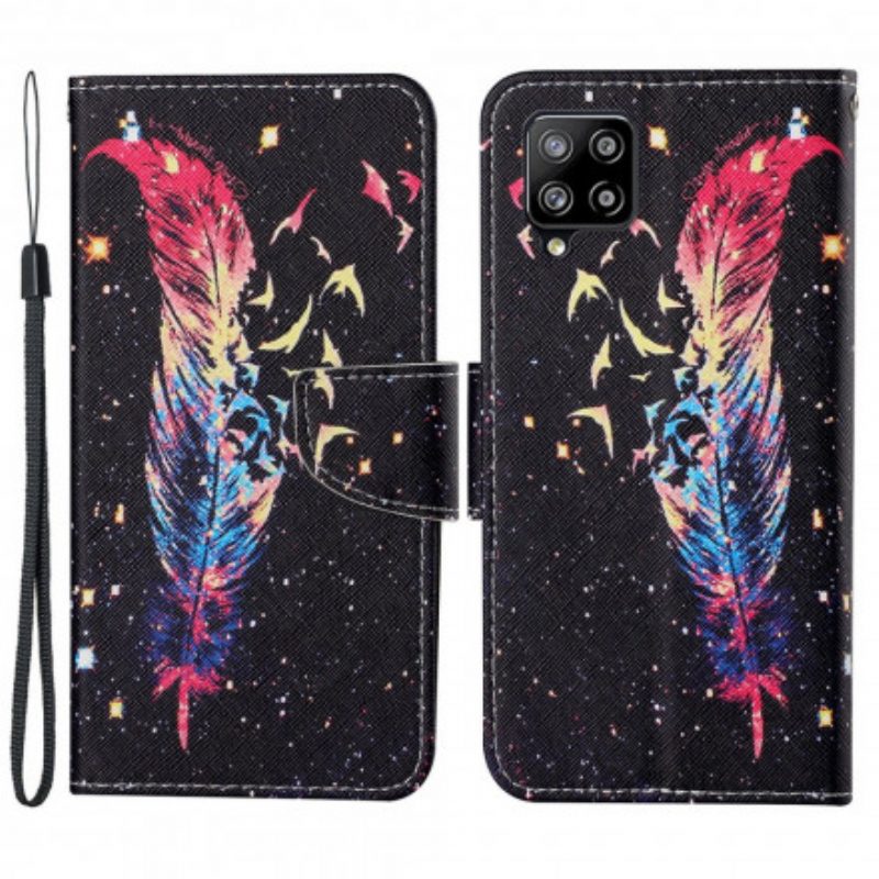 Flip Case Für Samsung Galaxy A22 Mit Kordel Bunte Feder Mit Riemen