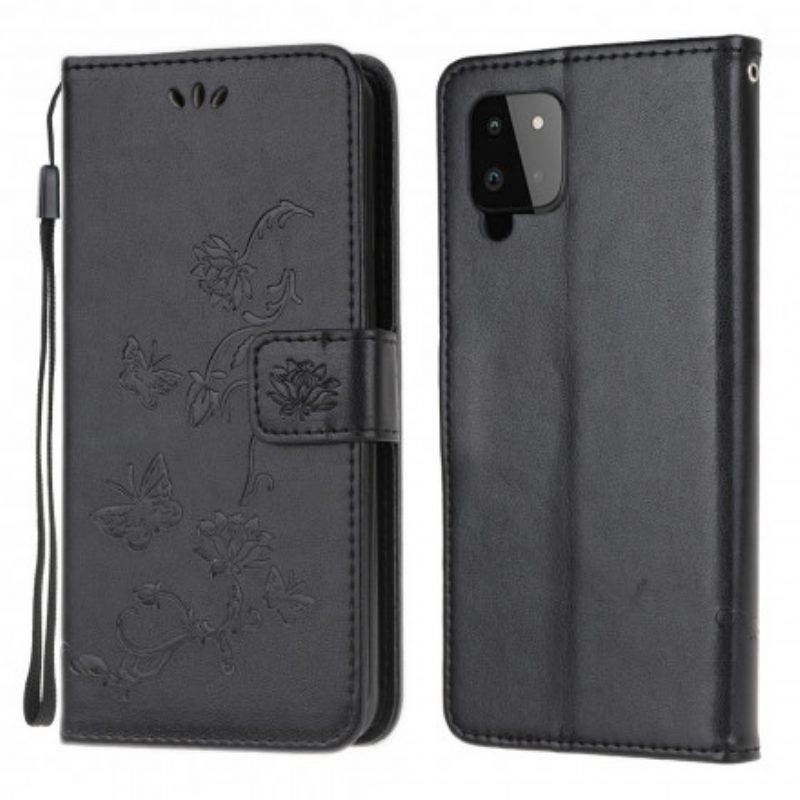 Flip Case Für Samsung Galaxy A22 Mit Kordel Tanga-schmetterlinge Und Blumen