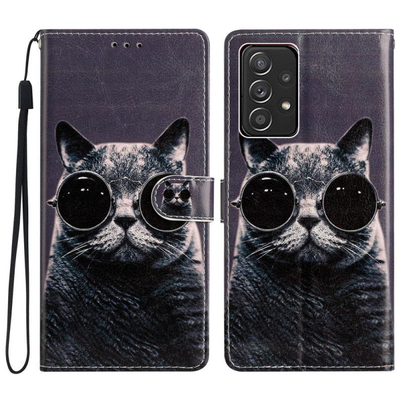 Flip Case Für Samsung Galaxy A53 5G Brillenkatze Mit Schlüsselband