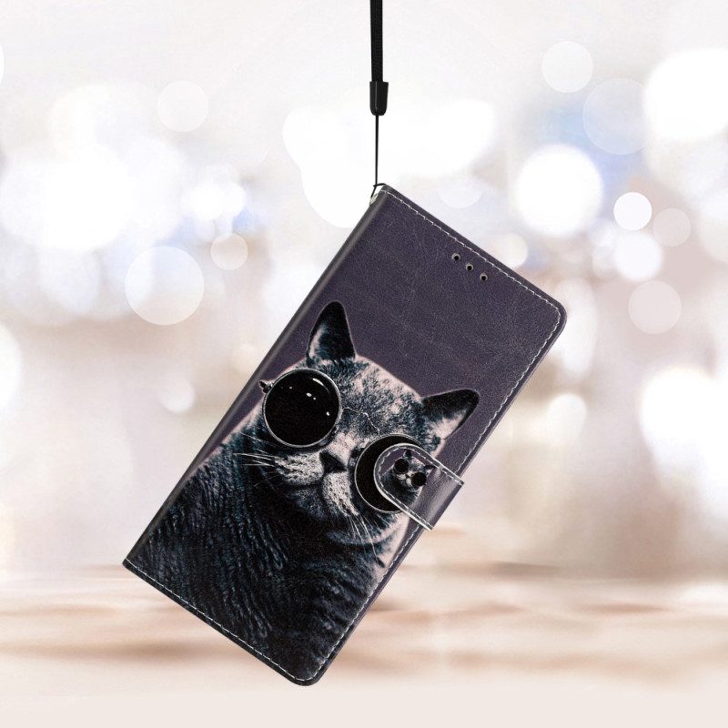 Flip Case Für Samsung Galaxy A53 5G Brillenkatze Mit Schlüsselband