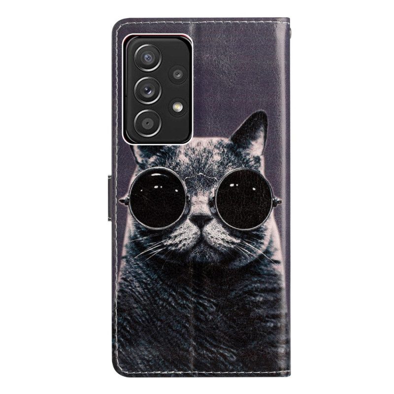 Flip Case Für Samsung Galaxy A53 5G Brillenkatze Mit Schlüsselband