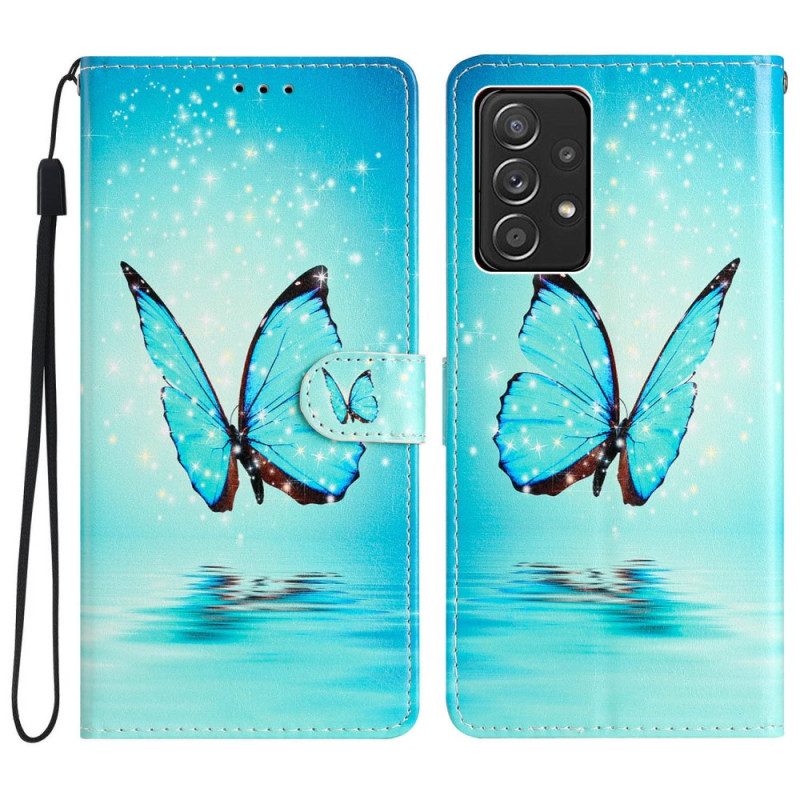 Flip Case Für Samsung Galaxy A53 5G Mit Kordel Blaue Schmetterlinge Mit Riemen