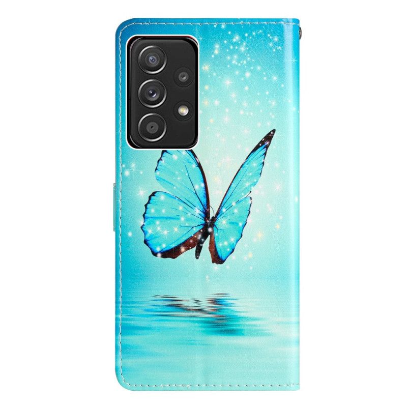 Flip Case Für Samsung Galaxy A53 5G Mit Kordel Blaue Schmetterlinge Mit Riemen