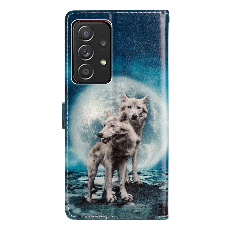 Flip Case Für Samsung Galaxy A53 5G Mondscheinwölfe Mit Schlüsselband