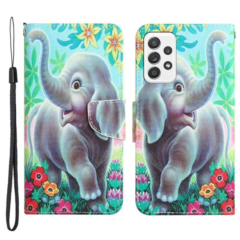 Lederhüllen Für Samsung Galaxy A53 5G Mit Kordel Fröhlicher Elefant Mit Schlüsselband