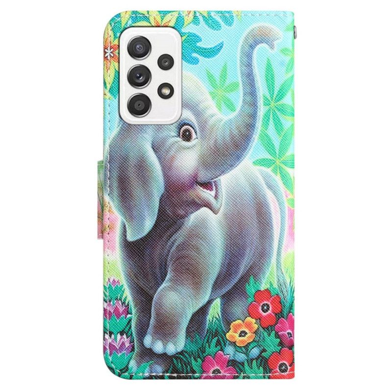 Lederhüllen Für Samsung Galaxy A53 5G Mit Kordel Fröhlicher Elefant Mit Schlüsselband