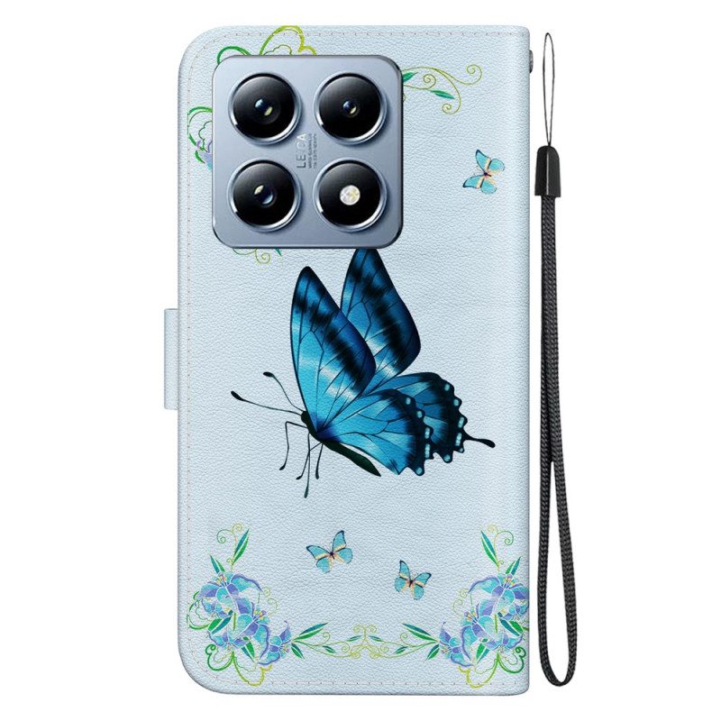 Lederhüllen Xiaomi 14t Pro Handyhülle Blauer Schmetterling Und Blumen Mit Riemen