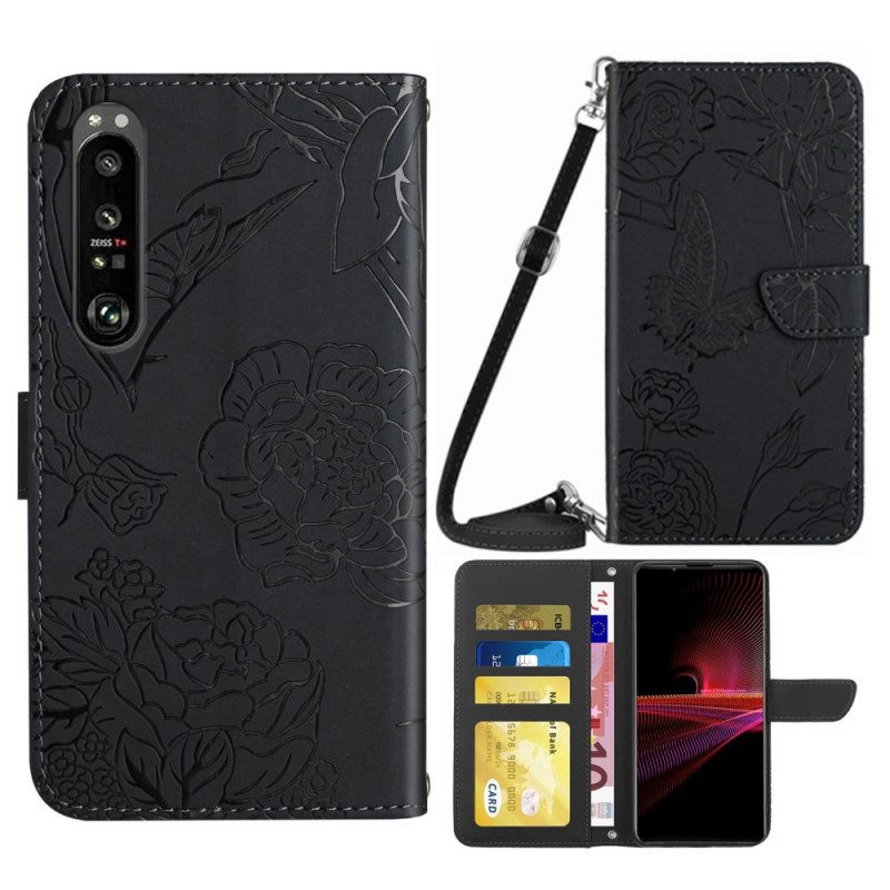 Flip Case Für Sony Xperia 1 IV Schmetterlinge Und Schultergurt