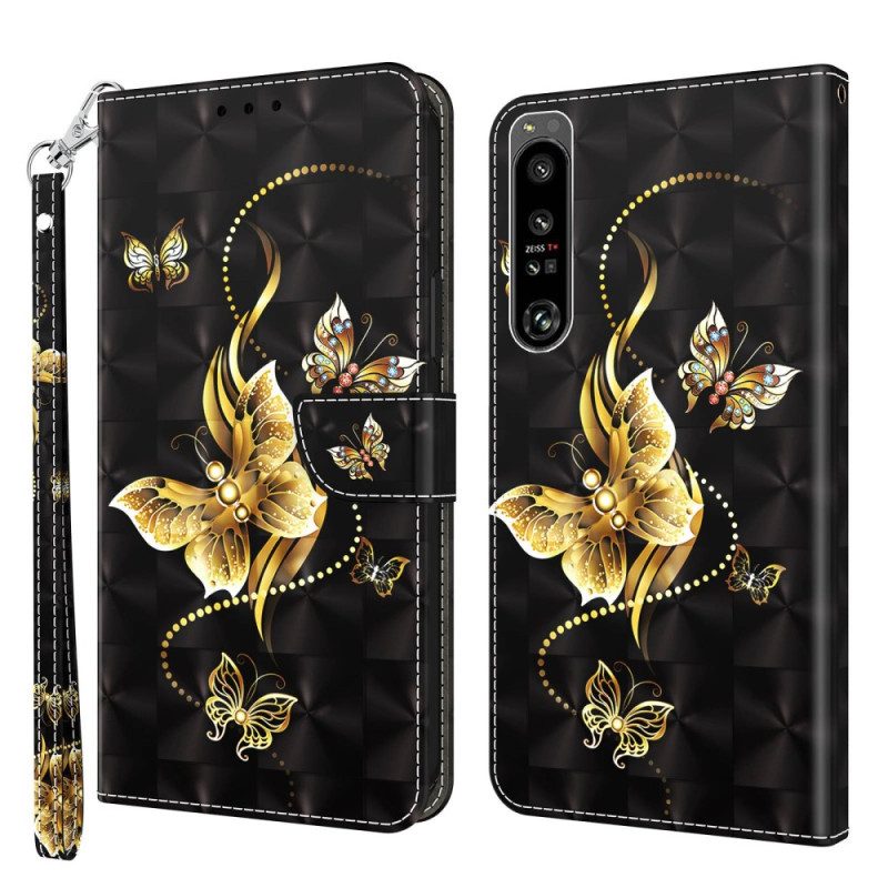 Lederhüllen Für Sony Xperia 1 IV Mit Kordel Goldene Schmetterlinge Mit Riemen