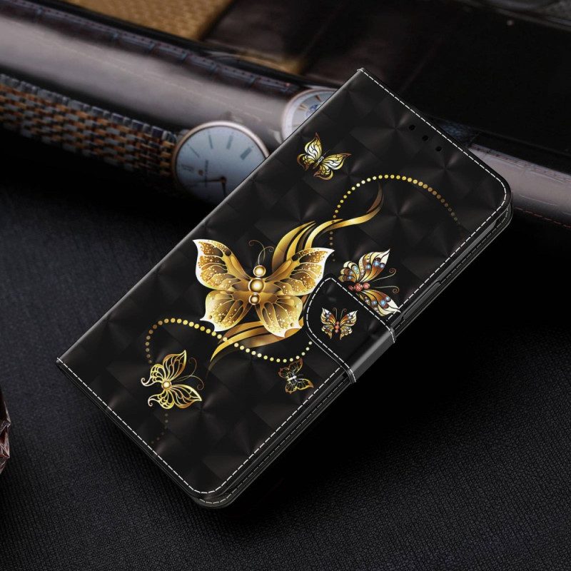 Lederhüllen Für Sony Xperia 1 IV Mit Kordel Goldene Schmetterlinge Mit Riemen